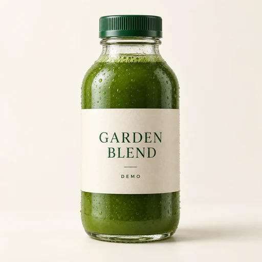 Fictional Garden Blend green drink in a glass bottle, labeled DEMO.