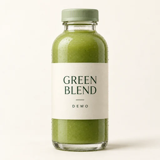 Fictional Green Blend drink in a sage-capped glass bottle, labeled DEMO.