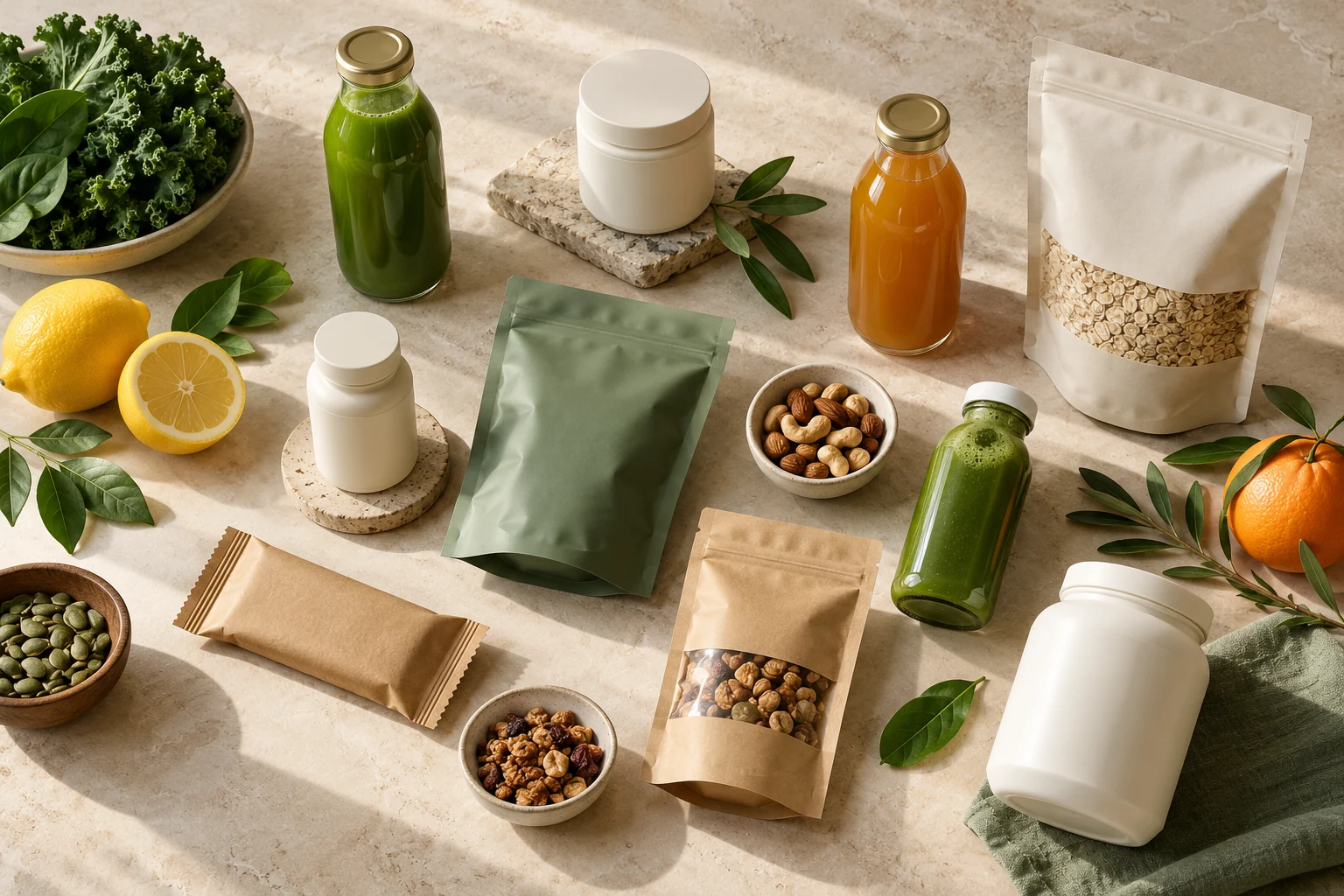 Illustrative assortment of drinks, snacks and supplement containers in different formats.
