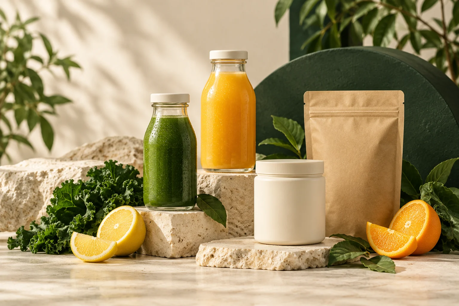 Illustrative wellness assortment with juice bottles, a supplement jar and a snack pouch.