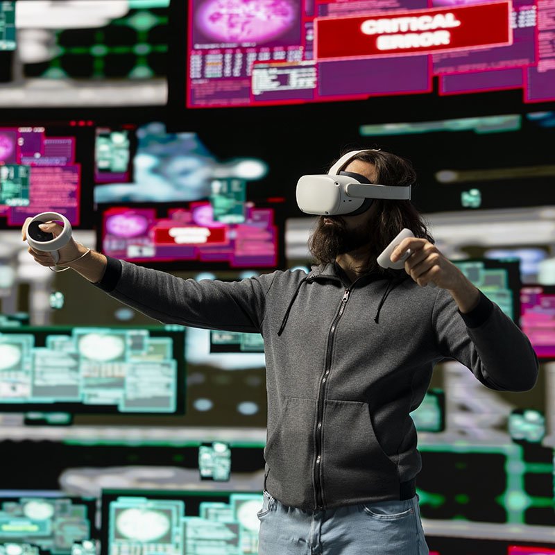 Male spy bypasses network security and engages in intrusion with vr glasses